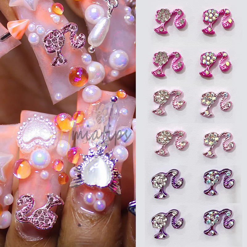 Nail Art Valentines Day - 10 個高級ガール光沢のあるネイルチャーム 3D 合金ジュエリークリスタル DIY ジュエリーマニキュアネイルアート装飾アクセサリー