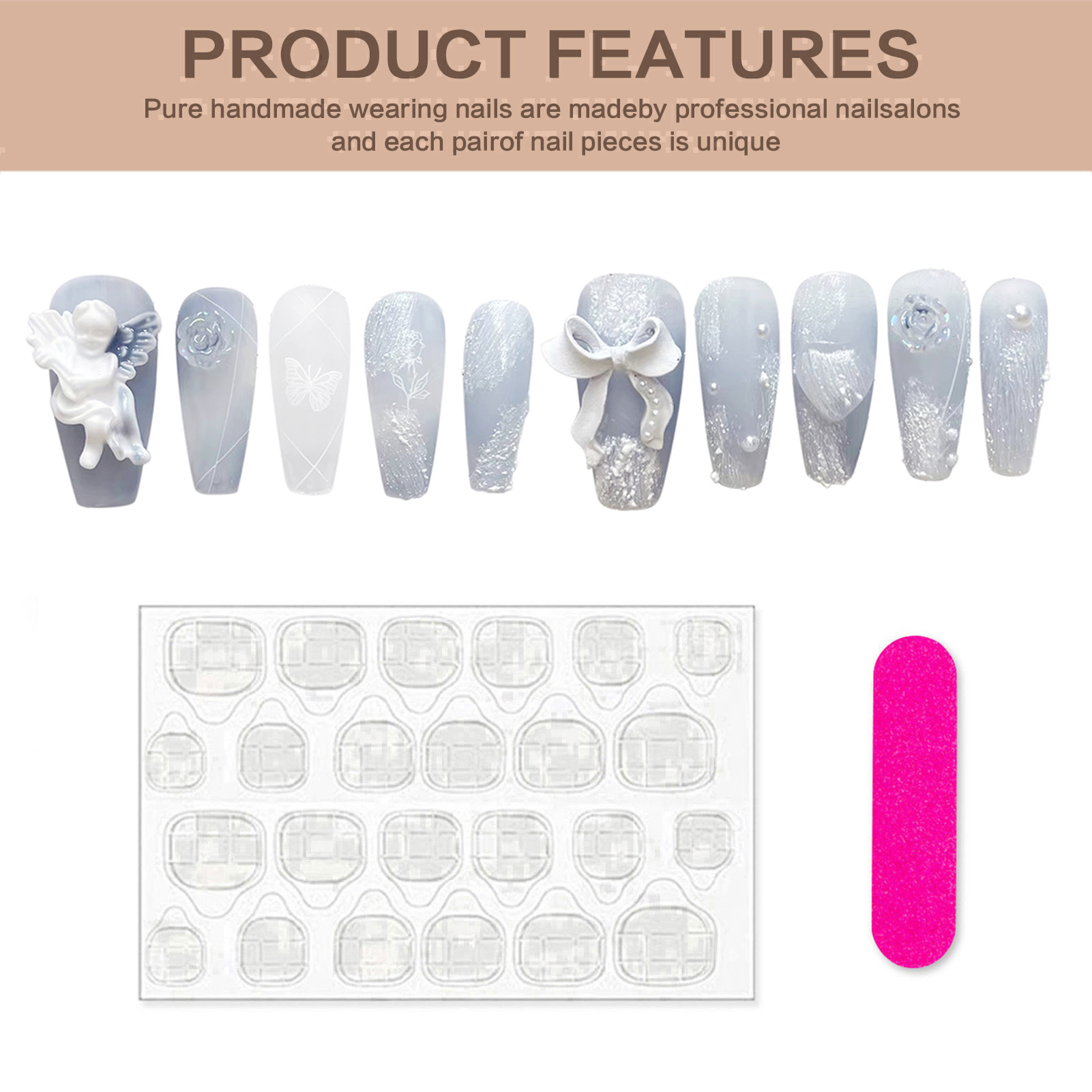 3D 石膏天使付け爪光沢のあるヘイズブルー手作りプレス爪ちょ - Nail Art Press On のレビューと価格