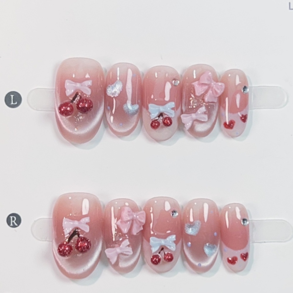 10枚入り キャッツアイ ハンドメイド つけ爪 チェリーボウ - Nail Art Pink のレビューと価格