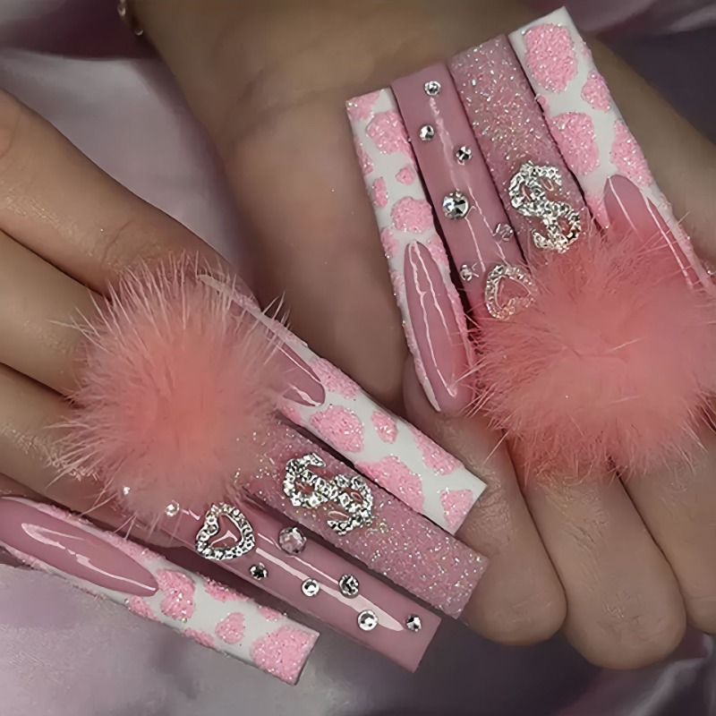 24 個エクストラロングスクエアプレス爪愛パターンデザインフ - Nail Art Pink のレビューと価格